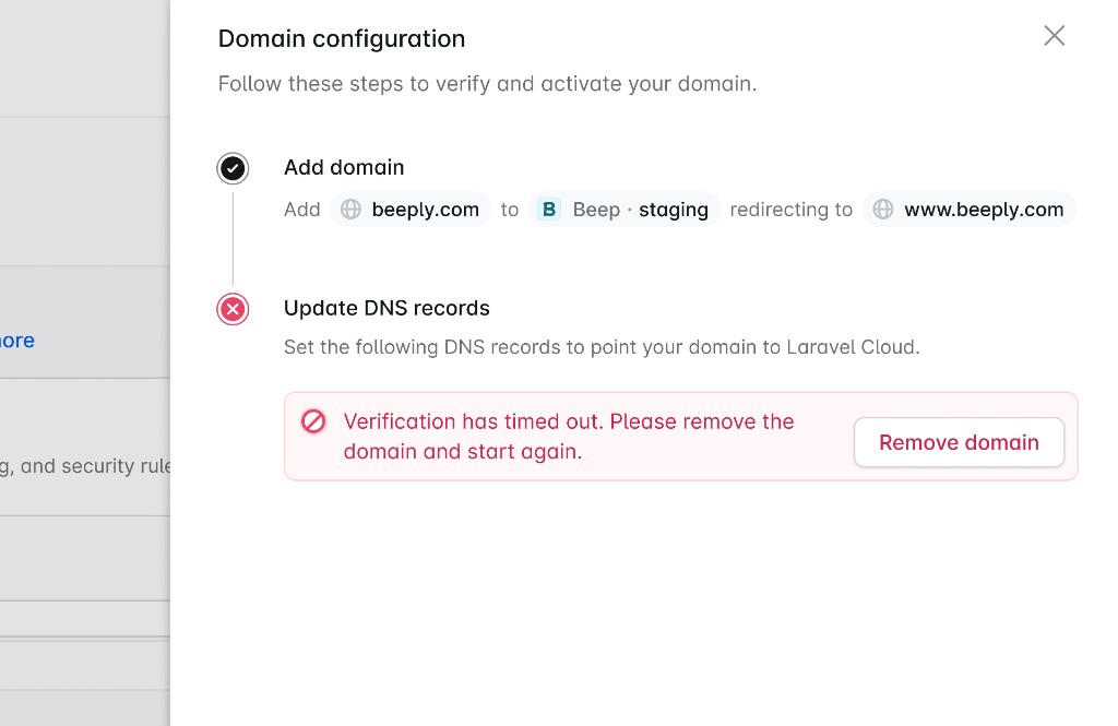 Laravel Cloud domain setup showing a verification timeout error with a remove domain action